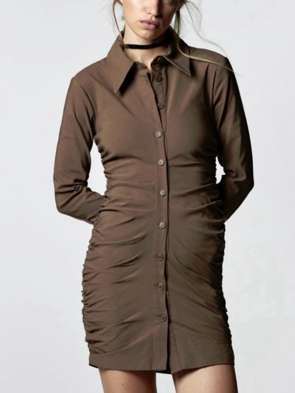 Zara Brown Button Down Long Sleeve Ruched Shirt Mini Dress Sz M